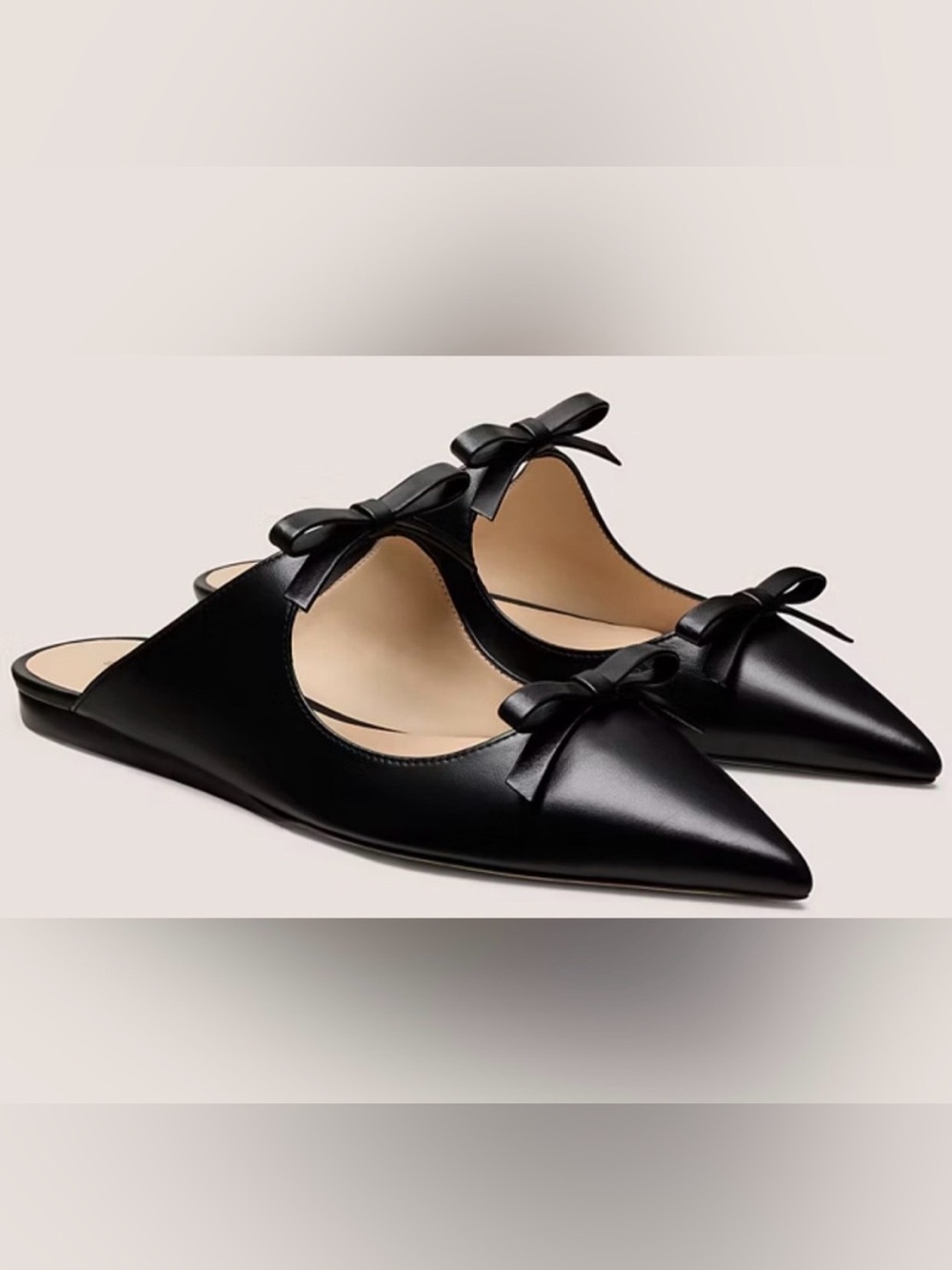 Stuart Weitzman Reese Flat Slide NIB Black Leather Mary-Jane Bows Pointy Toes 8 - Picture 2 of 15